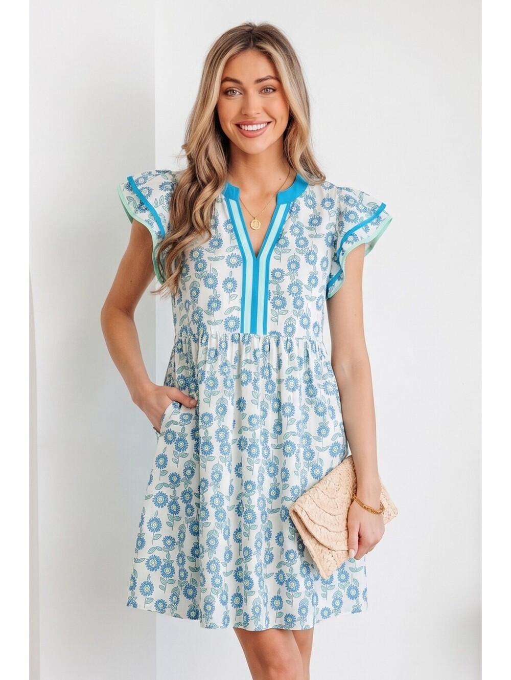 Floral Blue and White Summer Dress with Ruffle Sleeves